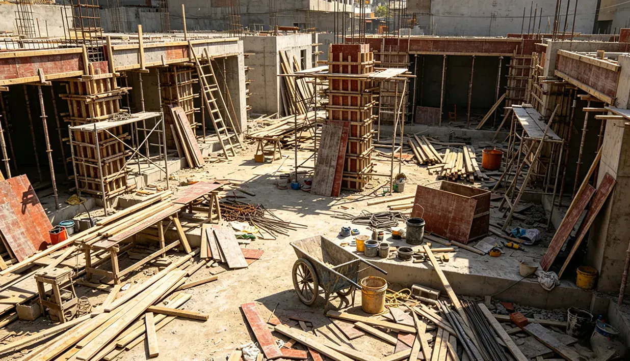 Construction site with equipment and material staging areas