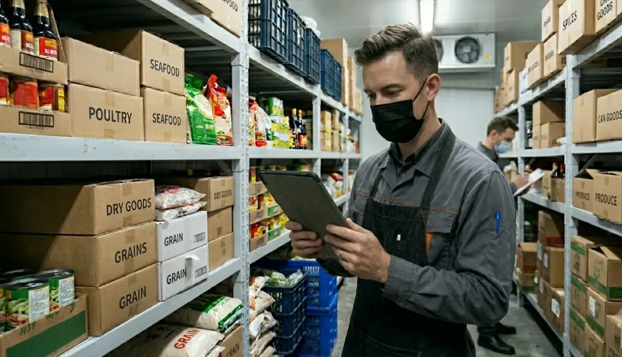 Food and beverage inventory arranged for receiving and storage