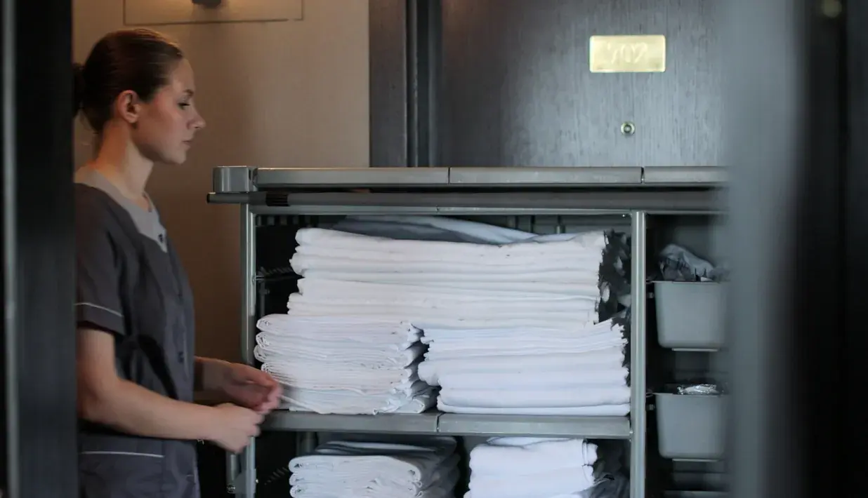 Hospitality linen and service items arranged for circulation