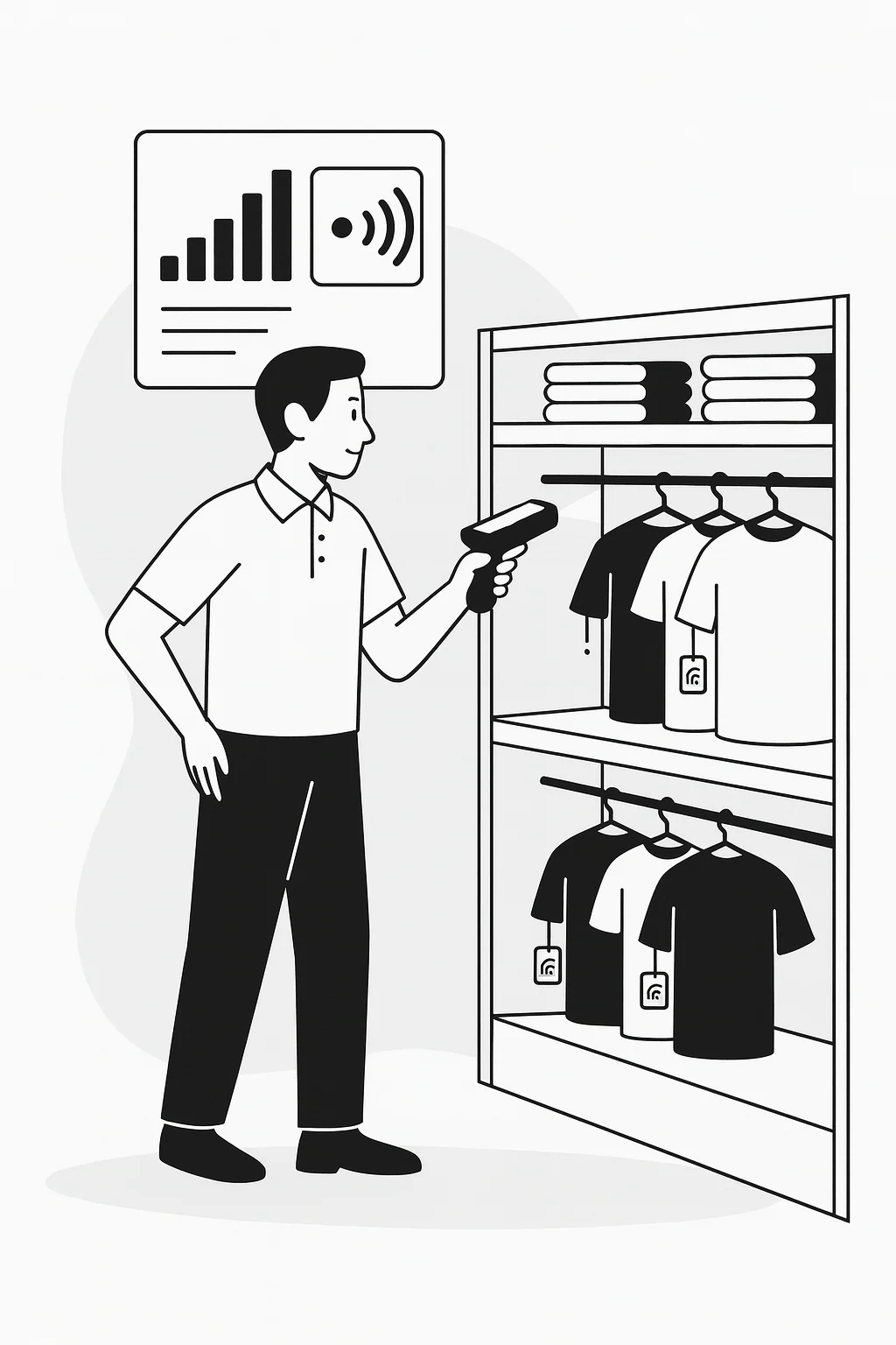 Illustration of a store associate counting tagged garments on a rail with a handheld reader