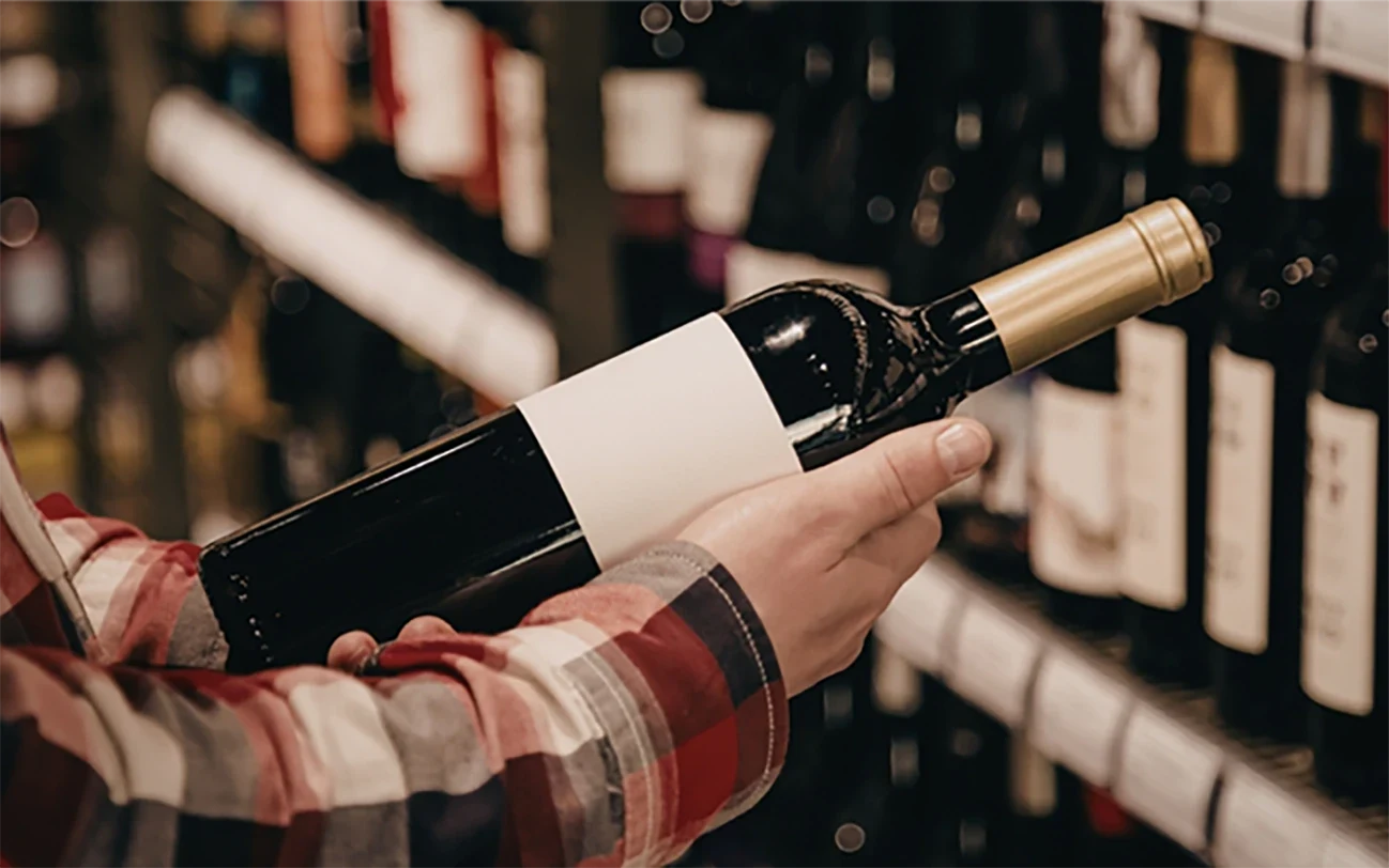 Unbranded wine bottle being handled among bottles on shelves