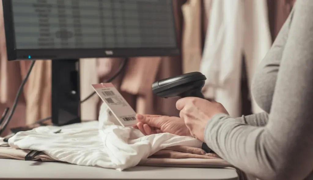 Retail staff member scanning a price tag with a barcode scanner at a checkout workstation