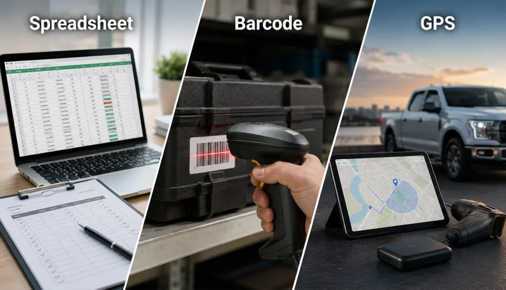 Collage of outdated construction equipment tracking methods: spreadsheets, barcode scanners, and GPS