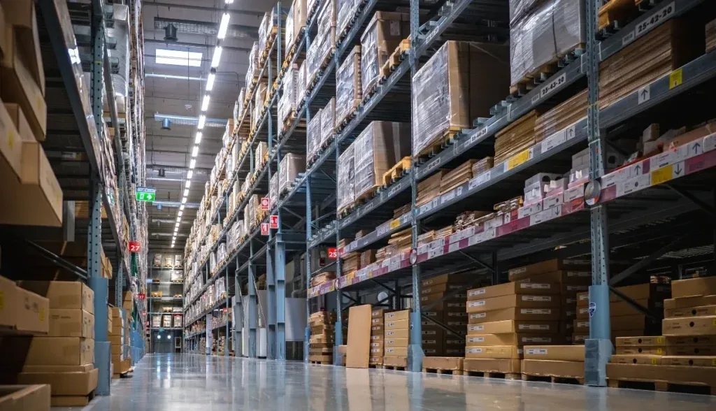 Tall industrial warehouse shelving units packed with stacked boxes and pallets, extending down a long corridor