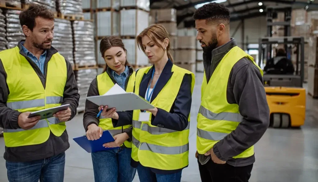 Photograph of four warehouse team members in high-visibility vests reviewing inventory documents together on a warehouse floor
