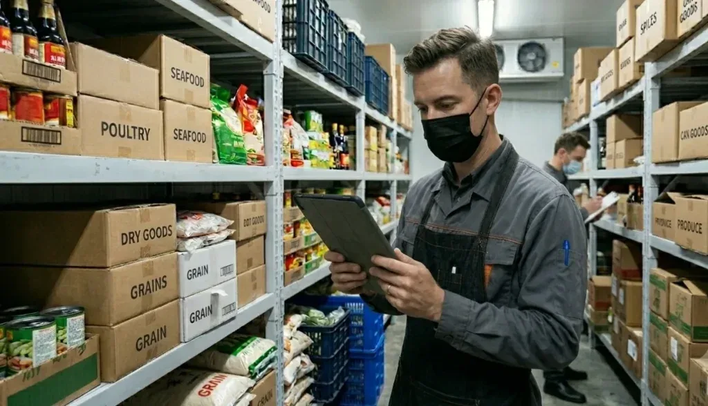 Illustration of RFID improving restaurant inventory management, with food and supplies tracked in real time
