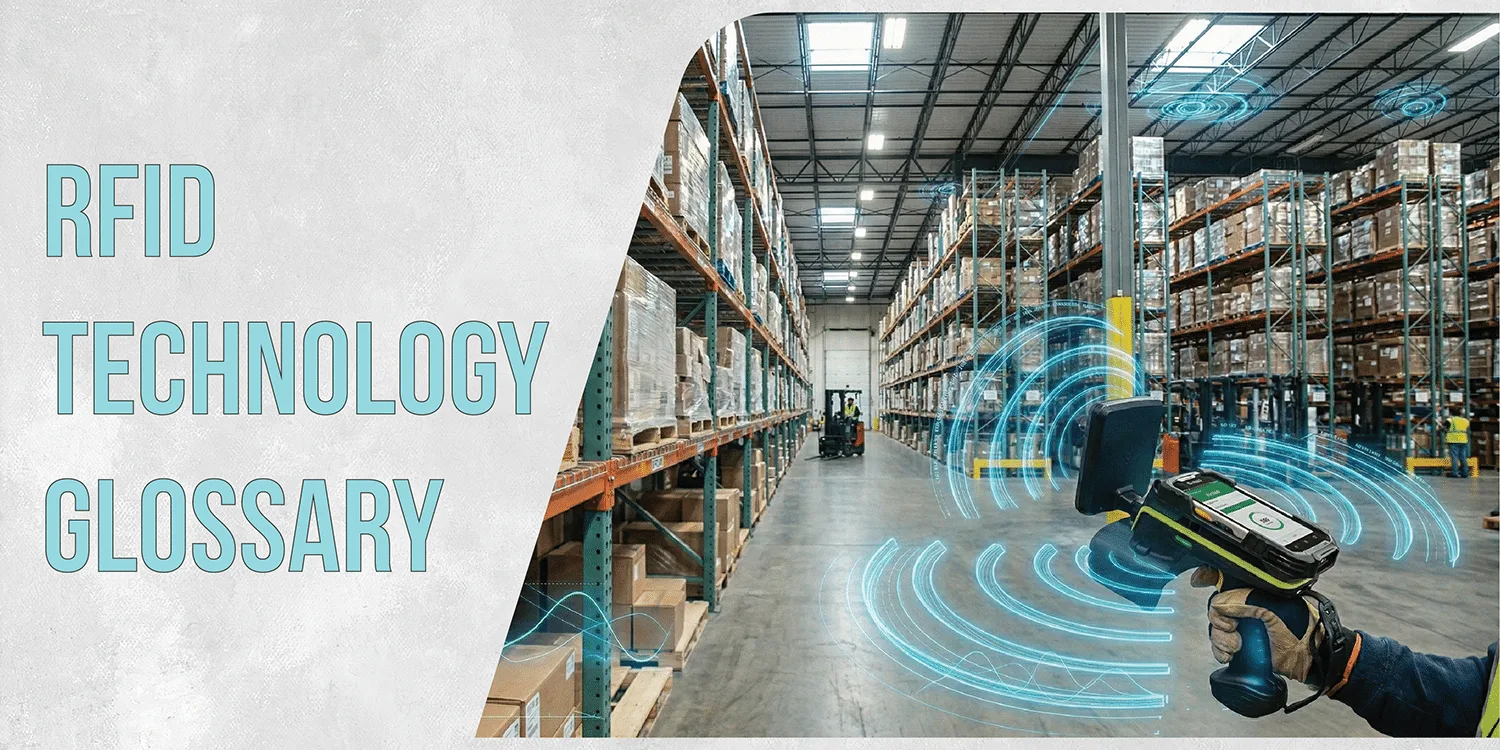 Illustrative warehouse with a handheld device and RFID terminology title