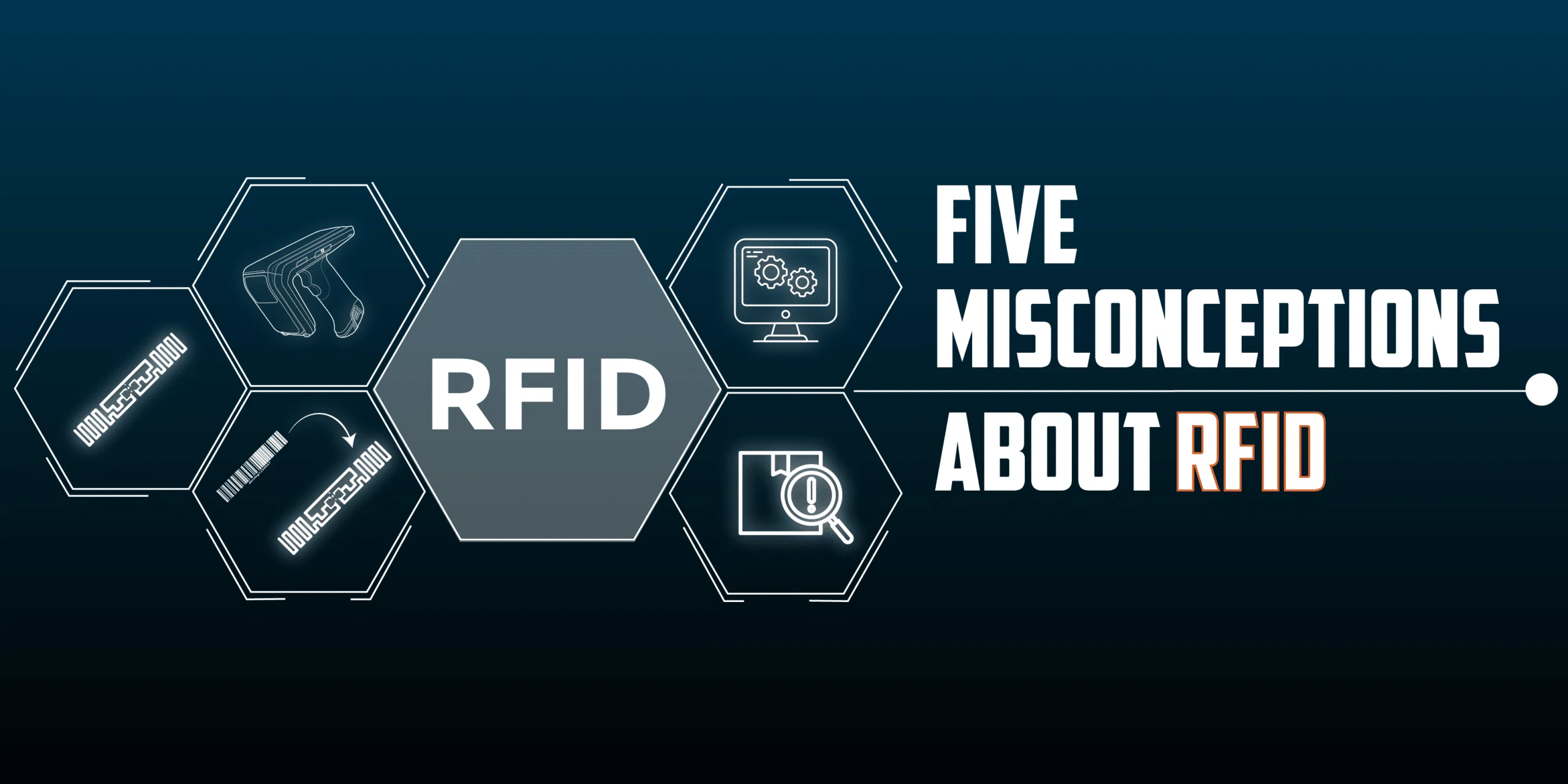 Illustrative RFID overview with a tag, reader, software screen and review symbol