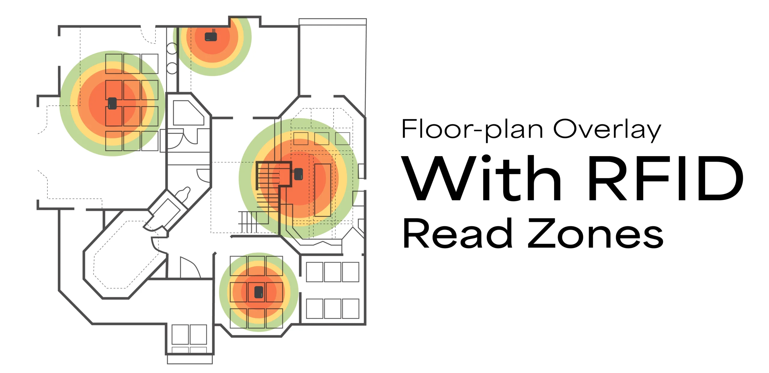 Illustrative floor plan with RFID read-zone overlays around rooms, shelving and a doorway