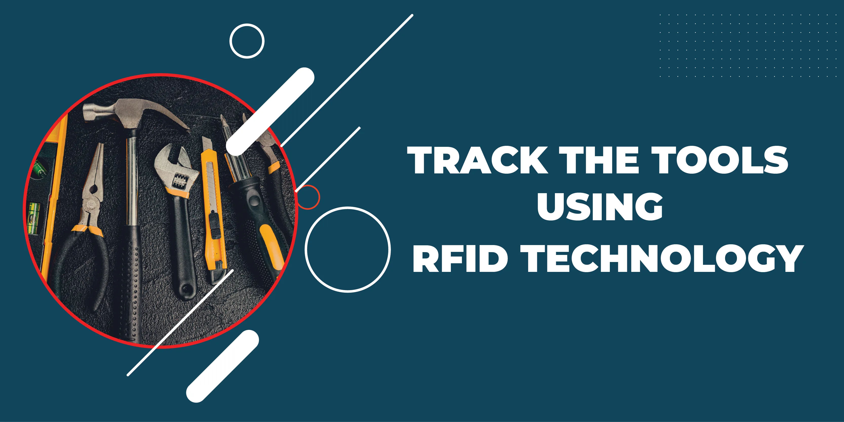 Illustrated hand tools with a label about tracking tools using RFID technology
